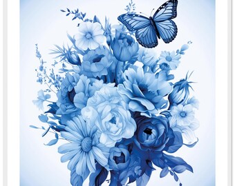 Póster enmarcado con diseño floral - Cuadrado decorativo en estilo vaquero azul - Marco de fotos hecho a mano