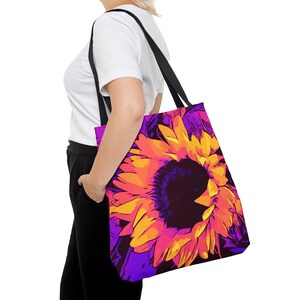 Flower Tote Bag with Funky Sunflowers: vibrant, colorful all-over-print in bold Pop Art style. Perfect flower bag for any occasion!