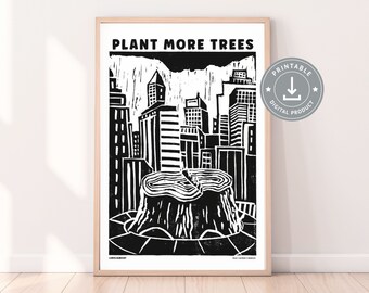 Póster Cortar linóleo - plantar más árboles - para un planeta verde y un clima mejor, también en las ciudades, detiene el cambio climático