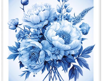 Ramo de peonías - Póster cuadrado decorativo en estilo denim azul - con marco de fotos