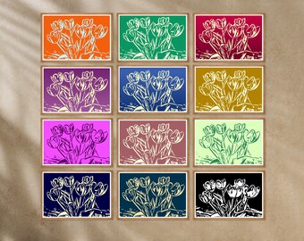 Impresiones en madera de tulipanes / Impresiones en madera de tulipanes en 12 colores - producto digital