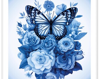 Póster enmarcado con diseño floral - Cuadrado decorativo en estilo vaquero azul - Marco de fotos hecho a mano