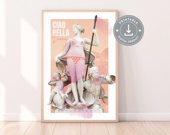Póster Ciao Bella Donna – Estatua de Venus en Trieste, Italia, con un traje moderno, arte decorativo de pared en la playa