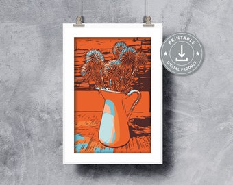 Colorido cartel floral ramo de naranja con jarrón estampado botánico imprimible arte de pared floral arte de pared botánico moderno, decoración botánica del hogar