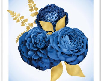 Póster cuadrado de flores azules con borde blanco y marco de fotos.