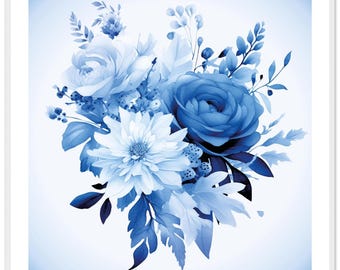 Póster enmarcado con diseño floral - Cuadrado decorativo en estilo vaquero azul - Marco de fotos hecho a mano