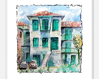 Acuarela - Casa en Italia - Arte de pared cuadrado de acuarela para un ambiente vacacional en tu hogar