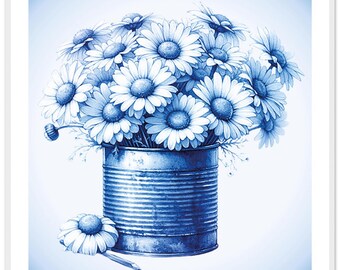 Póster enmarcado con diseño floral - Cuadrado decorativo en estilo vaquero azul - Marco de fotos hecho a mano