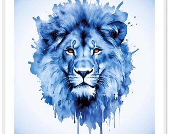 Póster cuadrado de león azul con borde blanco en marco de fotos listo para colgar en la pared