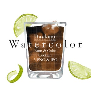 WATERCOLOR Rum and Coke Illustration - Clip Art - Long Island Iced Tea - Rum Coke - Jack and Coke - Handmade - Instant Download - jpg & png