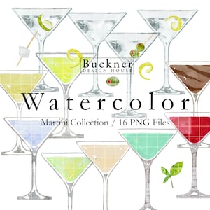 WATERCOLOR 12 Martini Cocktails Bundle - Martinis - Cocktails Clip Art - Fruity Drinks - Illustrations - Handmade - Minimalist - PNG