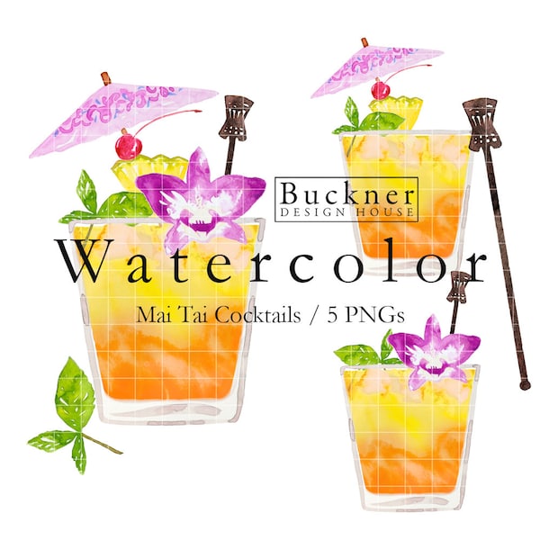 WATERCOLOR Mai Tai Clip Art - Mai Tai Cocktail - Tropical - Umbrella Drink - Tiki Bar Menu - Hawaii - Handmade - Instant Download - 5 PNG