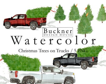 WATERCOLOR Trucks with Christmas Trees Clip Art - Tree Farm - Extended Cab - Farm Truck - Fresh Trees - Modern Truck - Illustrations - PNG