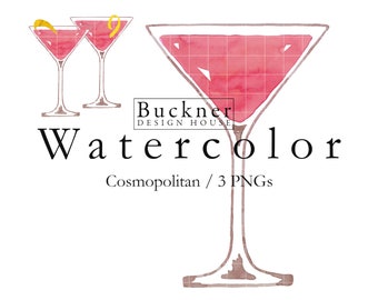 WATERCOLOR Cosmopolitan Clip Art - Cosmo - Instant Download - Cosmopolitan PNG - Cosmopolitan Drink - Hand Painted - 3 PNG