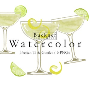 Grandes illustrations à l'aquarelle de 75 Français et vrille - cocktails au gin - Lemon Curl - clipart - menu du bar - cocktails - boissons - 5 PNG