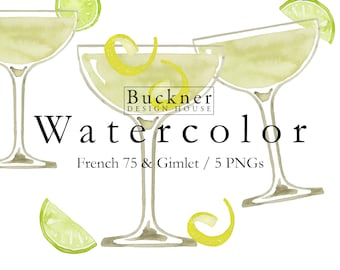 WATERCOLOR Large French 75 and Gimlet Illustrations - Gin Cocktails - Lemon Curl - Clip Art - Bar Menu - Cocktails - Drinks - 5 PNGs