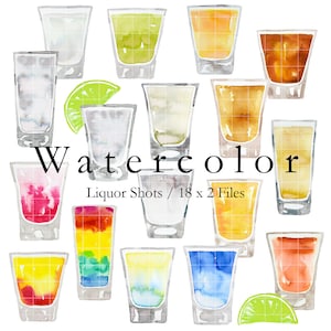 WATERCOLOR Liquor Shots Clip Art Bundle - Shot Glasses - Whiskey - Tequila - Groomsmen - Illustrations - 18 Unique Files - JPG, PNG
