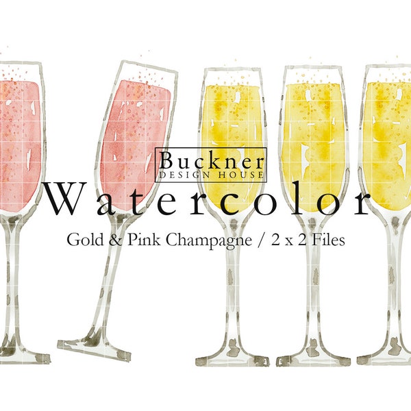 AQUARELLE Champagne Clip Art - Flûtes à Champagne or et rose - Toast au Champagne - Champagne PNG - Illustrations - Peint à la main - jpg & png