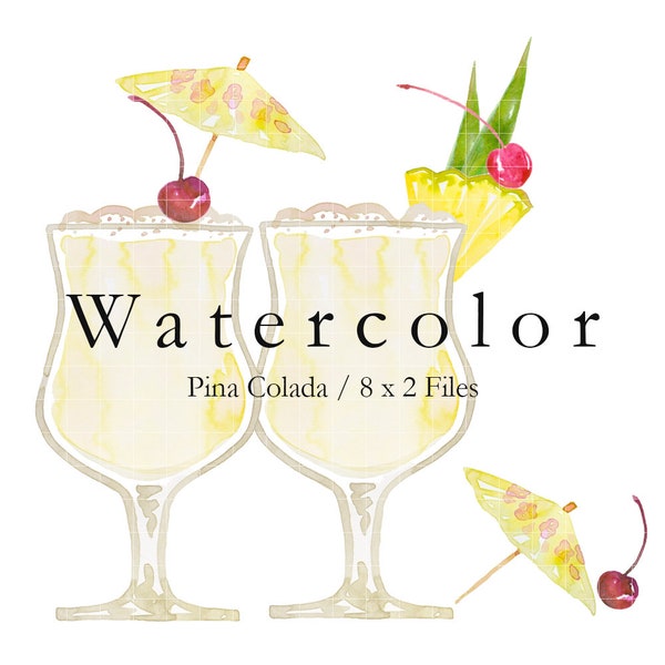 WATERCOLOR Pina Colada Clip Art - Illustration - Hand Painted - Coconut Drink - Tropical - Cocktail - Rum Cocktails - JPG, PNG