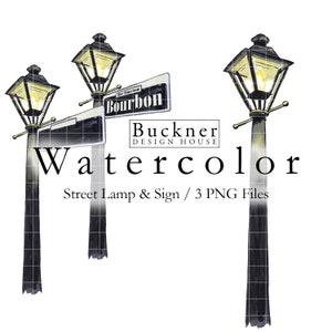 ACQUERELLO Lampione Clip Art - Illustrazione - Palo della luce - Cartello di Bourbon Street - New Orleans - Lampione - Palo della luce - 3 PNG