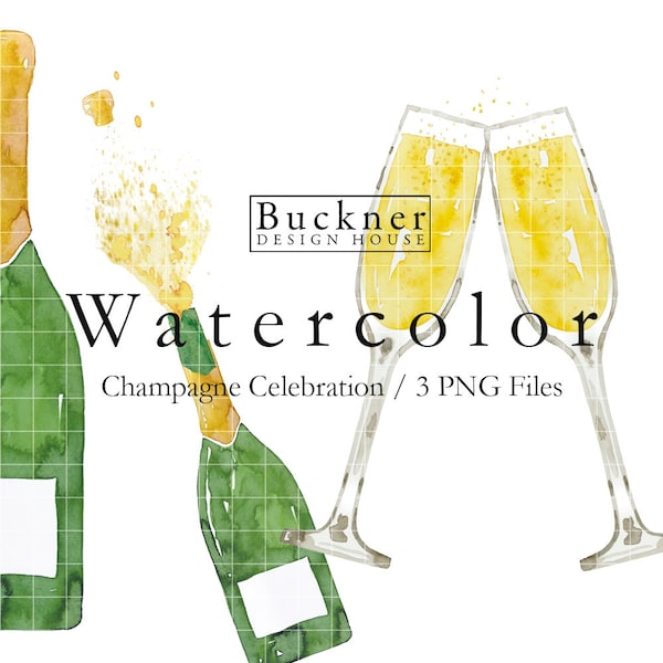 WATERCOLOR Champagne Celebration Clip Art - Cork Popping - Champagne Toast - Champagne PNG - Illustrations - Hand Painted - PNG