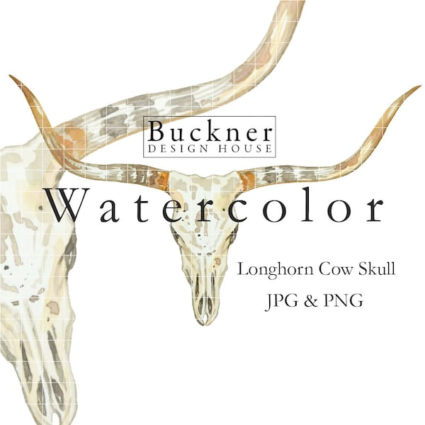 WATERCOLOR Longhorn Cow Skull Illustration - Realistic Skull - Longhorns - Western Clip Art - Hand Painted - Download - PNG, JPG