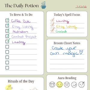 Può includere: Un pianificatore "Daily Potion" con sezioni per liste di cose da fare, focus sugli incantesimi e note. Include illustrazioni di rituali, letture dell'aura e fasi lunari. Il testo include "Coffee Date", "Etsy listing", "Meditation", "Crochet Project" e "Laundry".