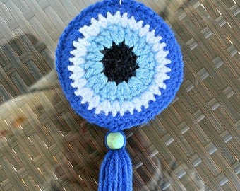 Crochet Evil Eye Keychain | Handmade Protection Amulet | Blue Boho Bag Charm with Tassel | Spiritual Gift | *Bags not Included*