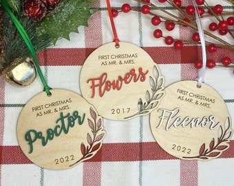 Rustic First Christmas Ornament, Engraved Mr. & Mrs. Wood Ornament