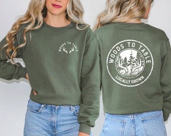 Woods to Table Crewneck, Deer Hunting Pullover, Antler Design