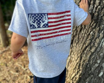 Toddler patriotic hunting tee, youth hunting shirt, Toddler Woods To Table shirt, Toddler Deer shirt, Toddler Hunting, youth deer hunter