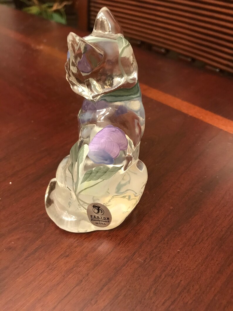 Fenton Clear Glass Cat with Purple flower design Etsy