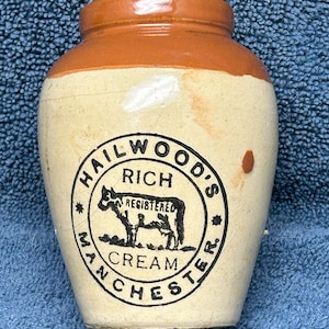 Made in Salford England, Hailwood&#39;s Manchester Rich Cream English Stoneware Two-Tone Printed Advertising Pot