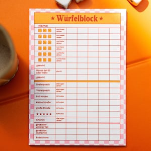 Würfelblock modern | rosa orange Spielblock | Yatzy Punkteblock | Games Night Zubehör | Würfelspiel Block A6