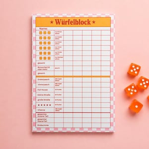 May include: A rectangular score sheet with a pink and white checkered border and the title Würfelblock at the top. The grid contains rows for dice game scoring with German text and five orange six-sided dice with white pips positioned nearby.
