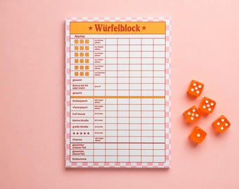 Würfelblock modern | rosa orange Spielblock | Yatzy Punkteblock | Games Night Zubehör | Würfelspiel Block A6