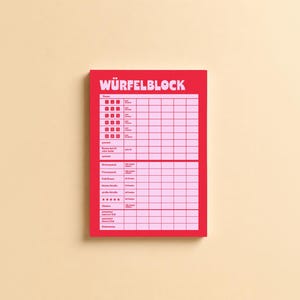 May include: A red and light pink score pad titled W&Uuml;RFELBLOCK with a grid layout for tracking dice game results. The sheet features rows for various combinations, including dice icons, text labels, and empty columns for recording player scores.