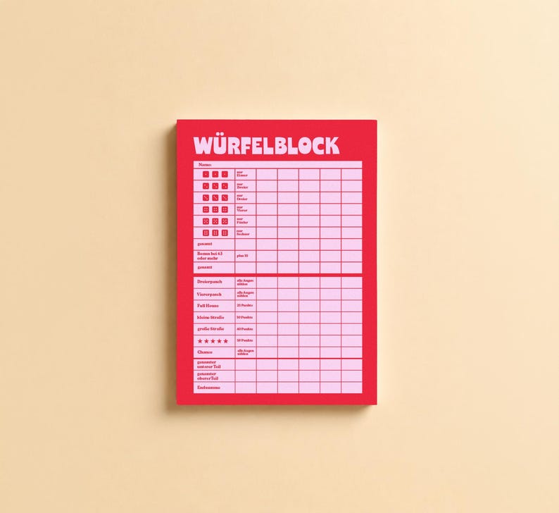 May include: A red and light pink score pad titled W&Uuml;RFELBLOCK with a grid layout for tracking dice game results. The sheet features rows for various combinations, including dice icons, text labels, and empty columns for recording player scores.