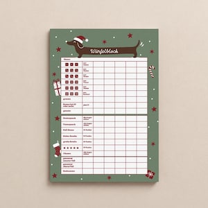 May include: A green score pad for a dice game featuring a brown dachshund wearing a Santa hat at the top with the text Würfelblock. The sheet includes a grid for tracking scores, decorated with red stars, gift boxes, and a candy cane pattern.
