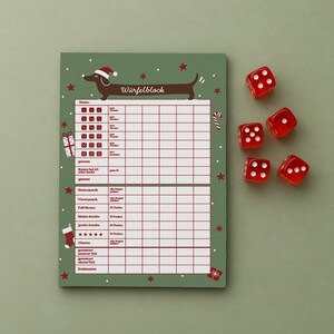 Würfelblock mit Weihnachtsdackel grüner X-Mas Spielblock mit Hund | Yatzy Punkteblock | Games Night Zubehör | Würfelspiel Block A6