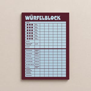 May include: A rectangular score sheet for a dice game with a dark maroon border and a light blue grid. The header reads W&Uuml;RFELBLOCK in large letters. The sheet features columns for player names and rows for dice combinations and point totals.