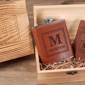 Personalized Groomsmen Gifts, Groomsman Proposal Box Set, Custom Engraved Leather Flask and Money Clip, Best Man Gift, Groom Gift, Dad Gift