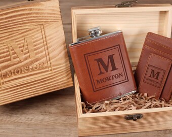 Personalized Groomsmen Gift Set: Engraved Leather Flask & Money Clip in Wooden Box