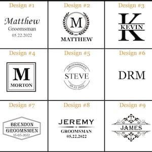 Puede incluir: Nueve dise&ntilde;os diferentes para regalos personalizados de padrinos de boda. Cada dise&ntilde;o presenta un nombre, una inicial o un monograma diferente con un borde decorativo. Los dise&ntilde;os incluyen "Matthew", "M", "Kevin", "Morton", "Steve", "DRM", "Brendon", "Jeremy" y "James".