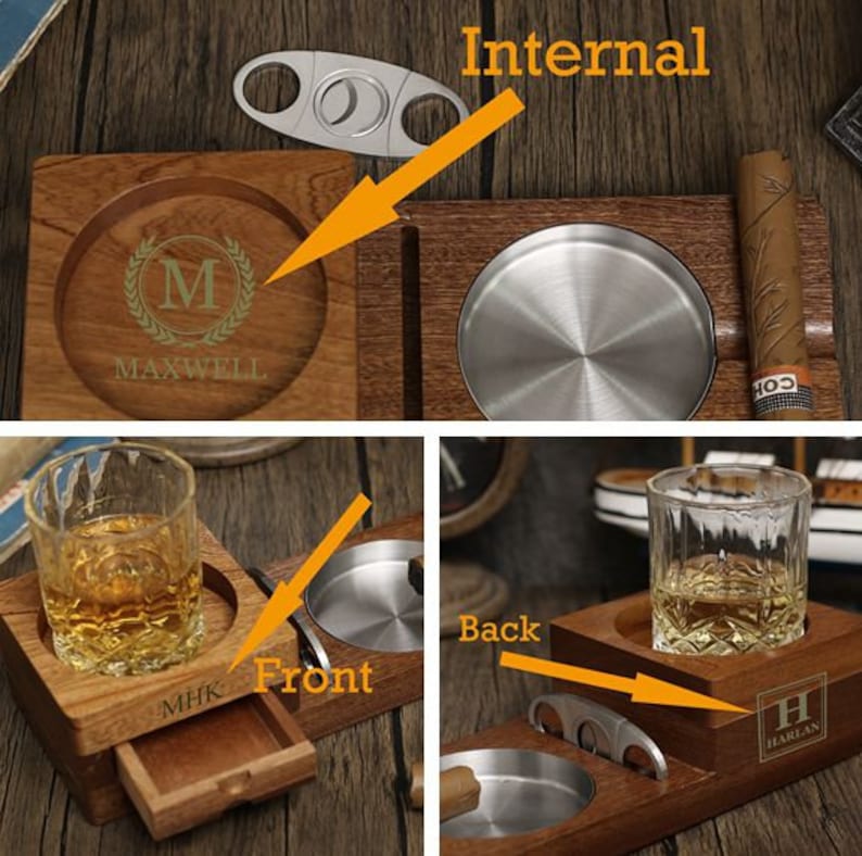 Puede incluir: Bandeja de madera con dos compartimentos para vasos y un reposacigarros. La bandeja tiene un cortador de cigarros incorporado y est&aacute; personalizada con las iniciales "M" y "H".
