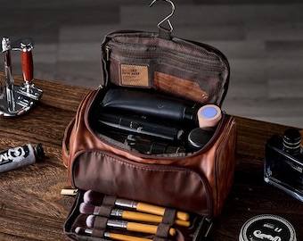 Personalized Men's Hanging Toiletry Bag, Water-Resistant PU Dopp Kit with Travel Organizer