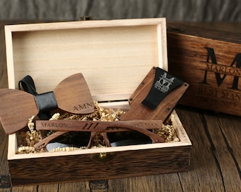 Personalized Groomsmen Gift Box: Wooden Bow Tie, Sunglasses & Money Clip