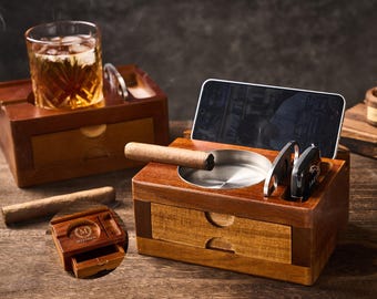 Personalized Whiskey & Cigar Tray Glass Holder Ashtray, Multifunction Wooden Cigar Ashtray With Whiskey Glass Holder, Great Gifts for Men