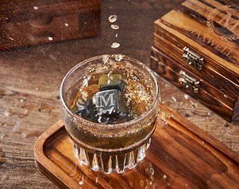 Personalized Whiskey Stones Set: Engraved Marble Chilling Cubes, Wooden Box