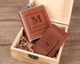 Personalized Leather Flask & Money Clip Gift Set - Groomsmen Proposal
